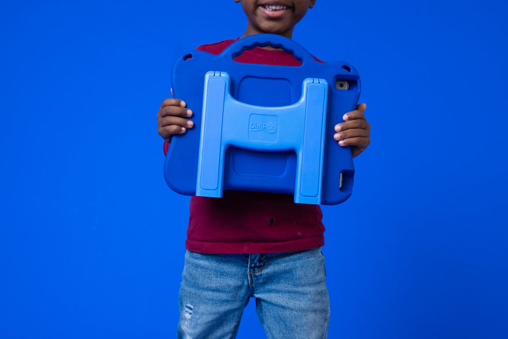 Blue ergonomic ipad stand that doubles as a case. A device to help combat tech neck in children.