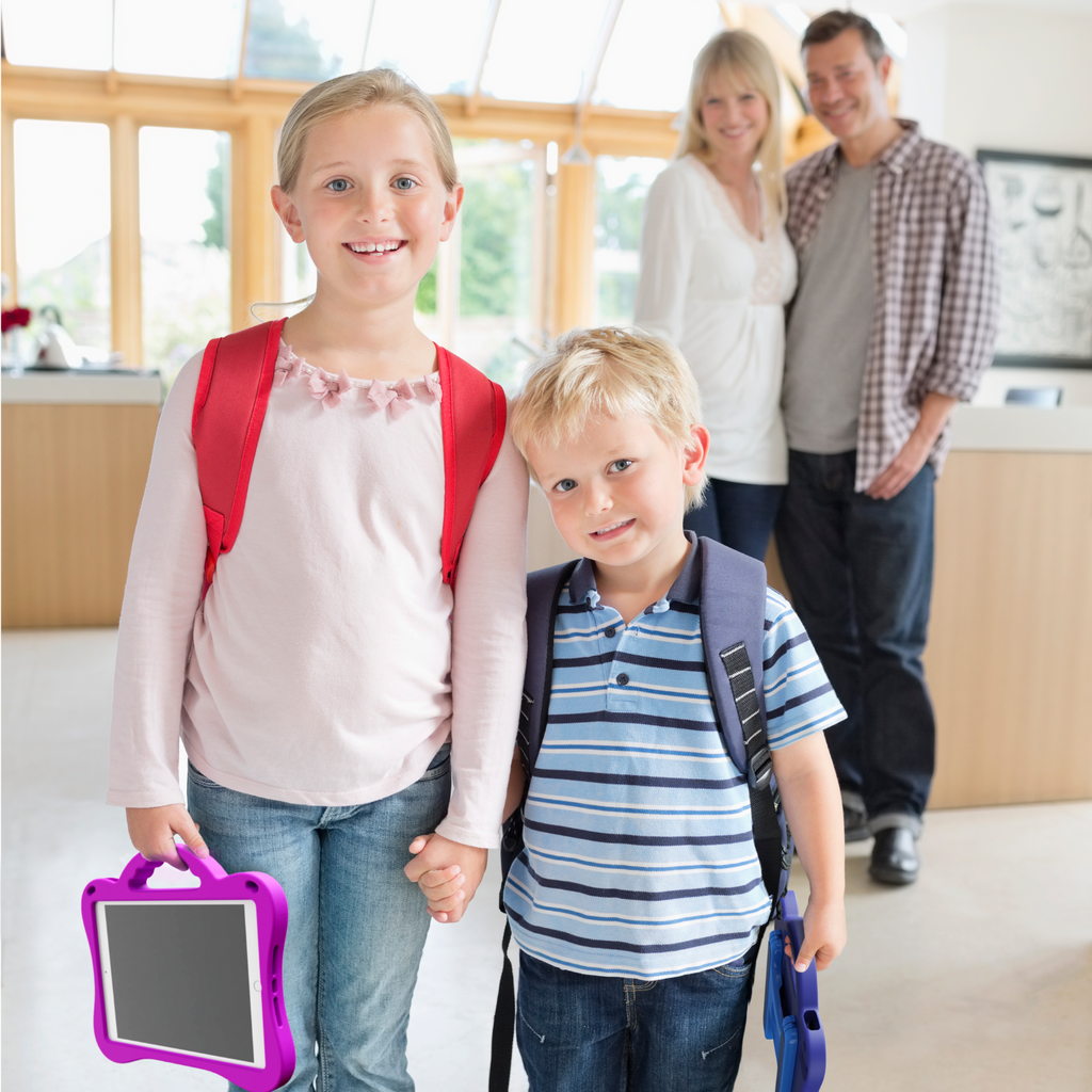 Children getting ready to go to school with parents in the background. Children are using the DigiRoo, a children's ipad case with handle.